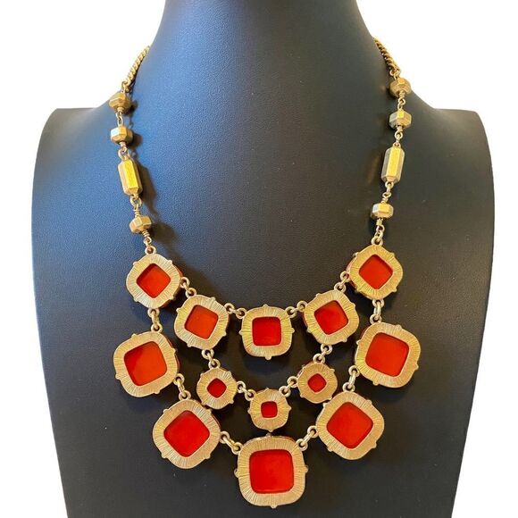 Stella & Dot Orange & Matte Gold 3 Tiered Bib Statement Necklace. - Picture 4 of 6